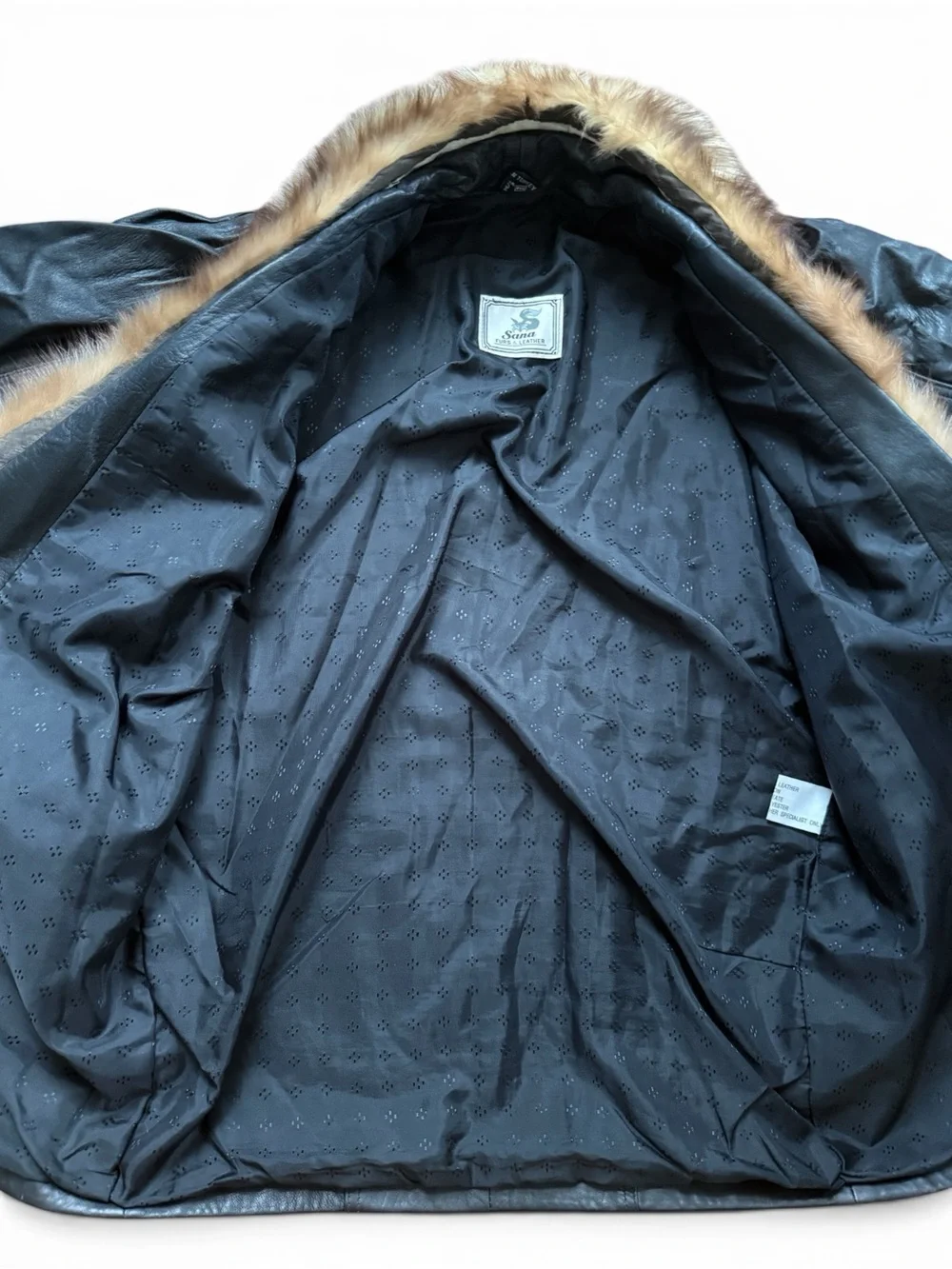 Vintage 80s Black Leather Fur Collar Coat Oversized Dolman Sleeve size Medium